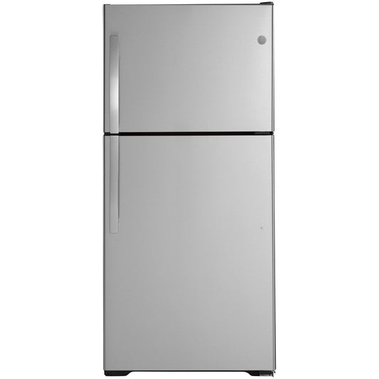 GE appliances 28-inch top-freezer refrigerator in fingerprint-resistant stainless steel, showing sleek exterior and handle details.