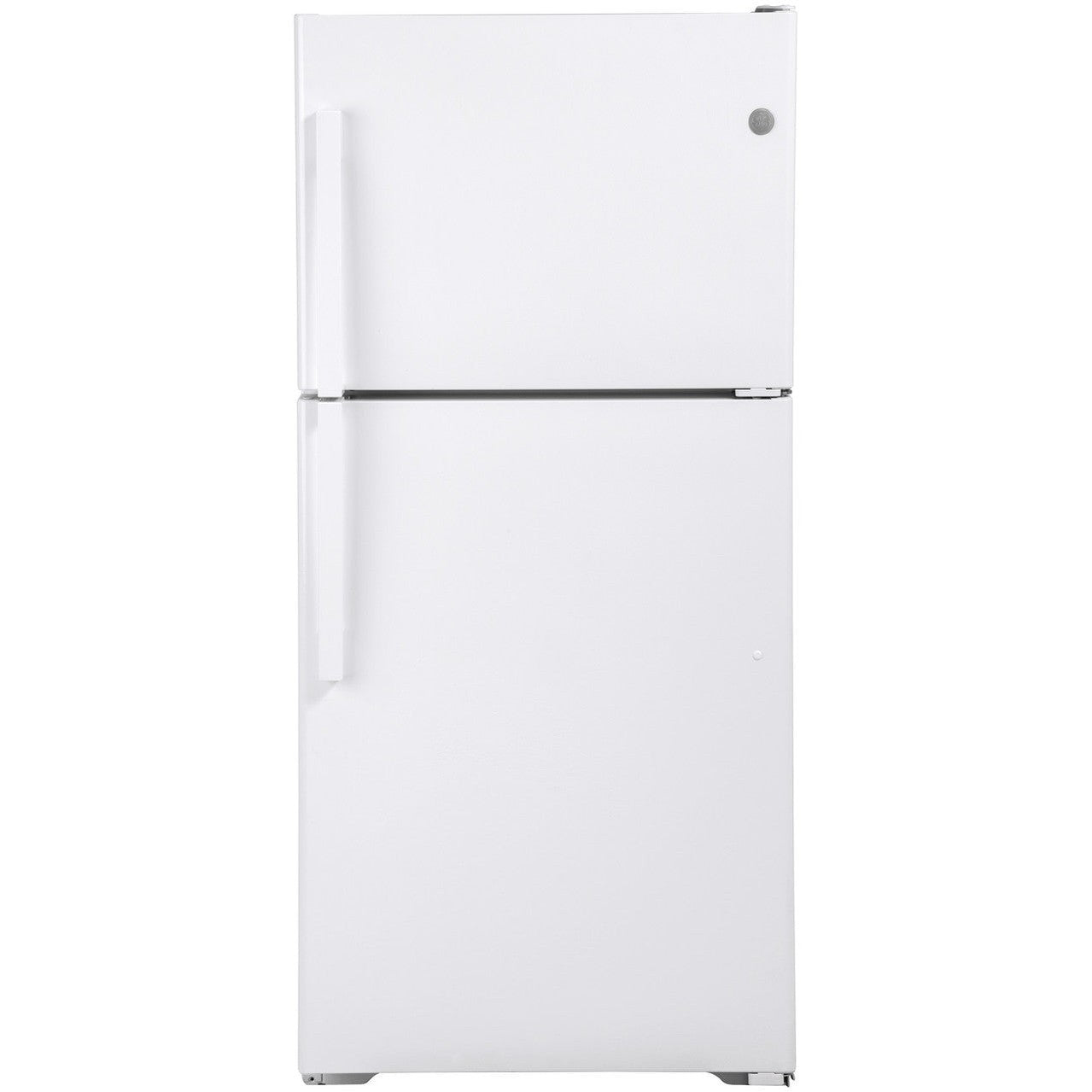 GE ENERGY STAR top-freezer refrigerator in white with 19.1 cu. ft. capacity, featuring a clean interior and freezer section.