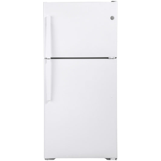 GE ENERGY STAR top-freezer refrigerator in white with 19.1 cu. ft. capacity, featuring a clean interior and freezer section.