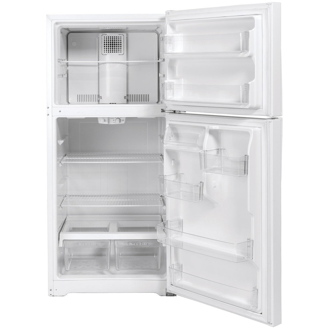 White GE ENERGY STAR top freezer refrigerator with 19.1 cu. ft. capacity, interior shelves and freezer compartment.