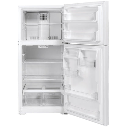 White GE ENERGY STAR top freezer refrigerator with 19.1 cu. ft. capacity, interior shelves and freezer compartment.