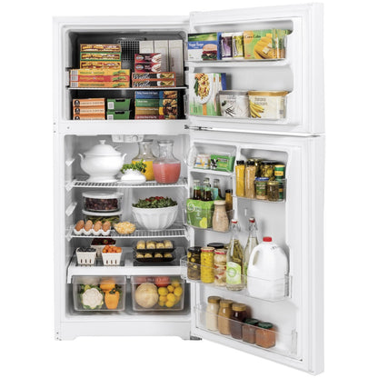 GE ENERGY STAR top freezer refrigerator in white with 19.1 cu. ft. capacity, showing the door and handle in a kitchen setting.