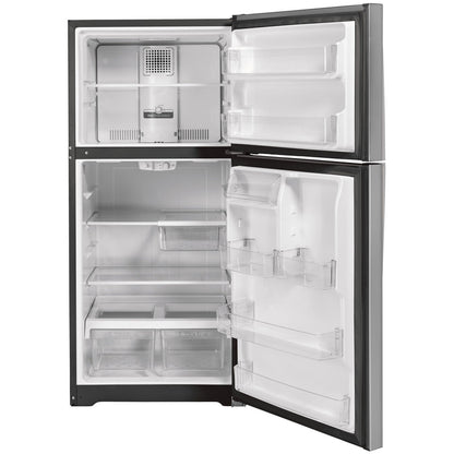 GE Appliances 28-inch top-freezer refrigerator in fingerprint-resistant stainless steel with 17.5 cu ft capacity, showing the front view.
