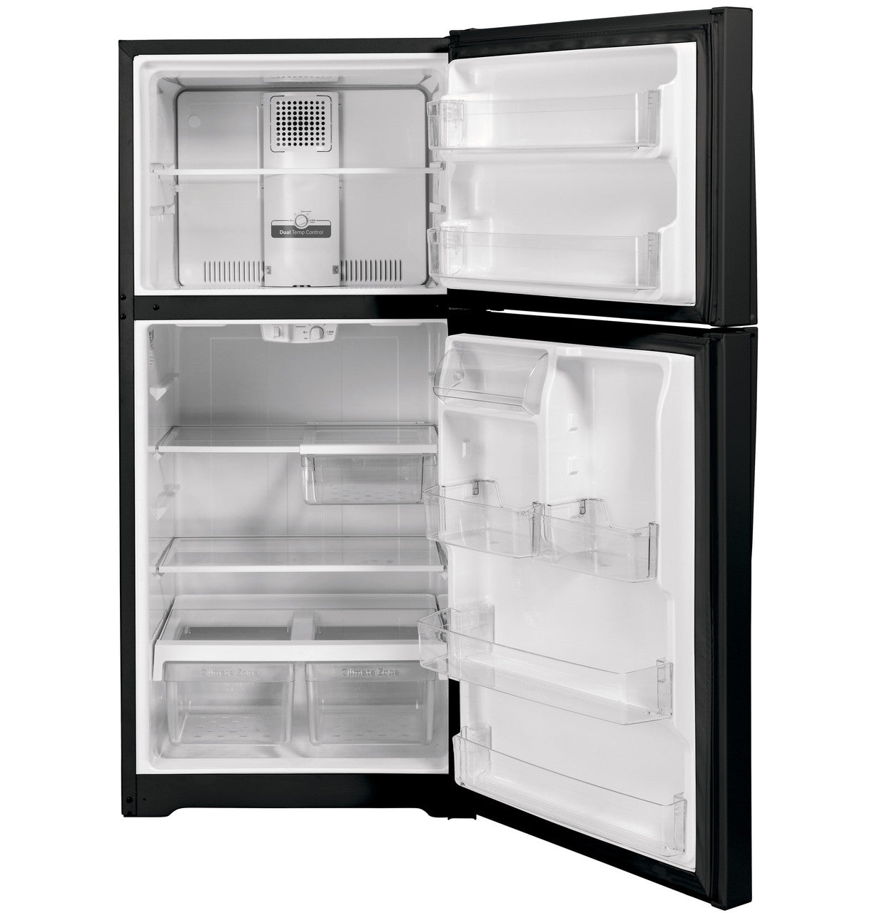 GE Appliances 33-inch black top-freezer garage-ready refrigerator with 21.9 cu ft storage and sleek exterior.