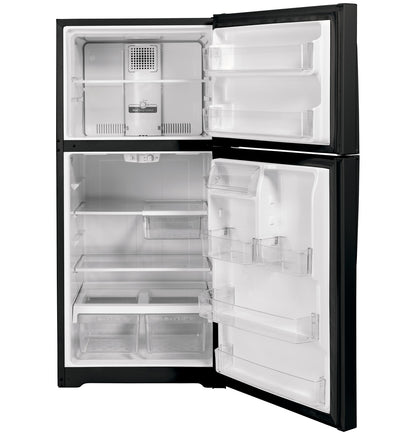 GE Appliances 33-inch black top-freezer garage-ready refrigerator with 21.9 cu ft storage and sleek exterior.