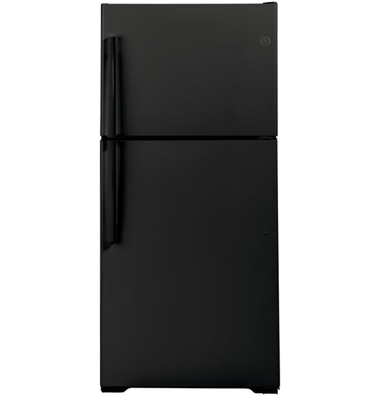 GE Appliances 33-inch black top-freezer garage-ready refrigerator with 21.9 cu ft interior and durable design.