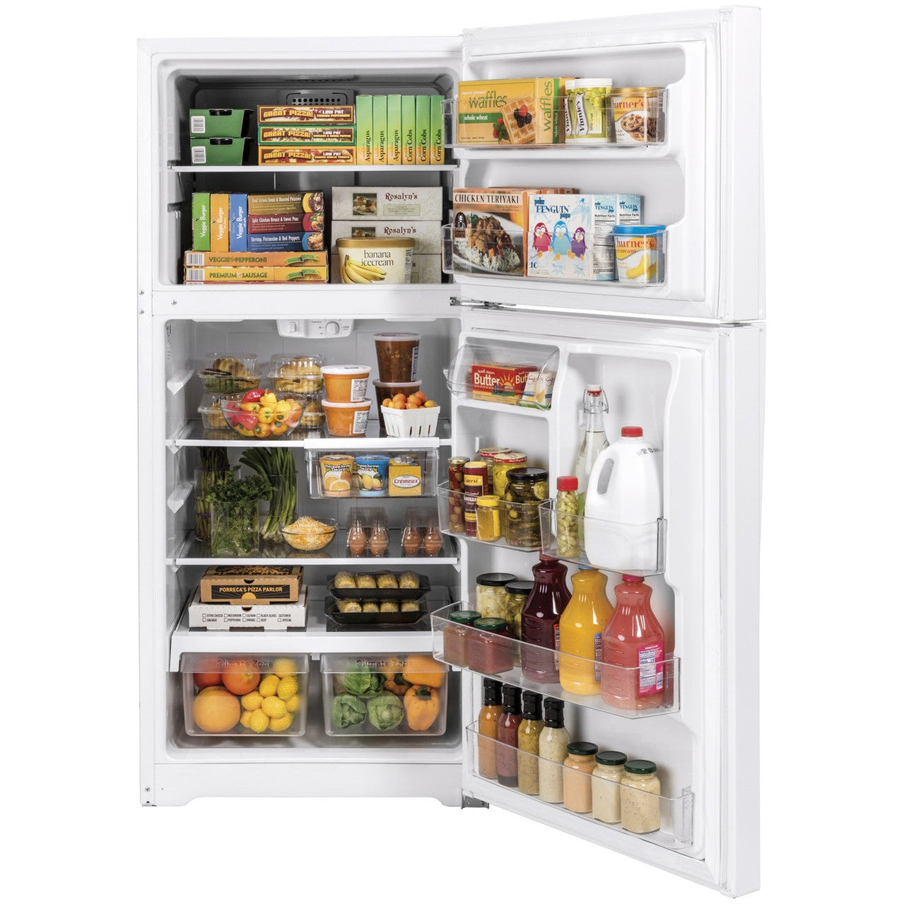 White GE GTS22KGNRWW 33-inch top-freezer refrigerator with adjustable shelves and door storage, exterior handle, and energy-efficient design.