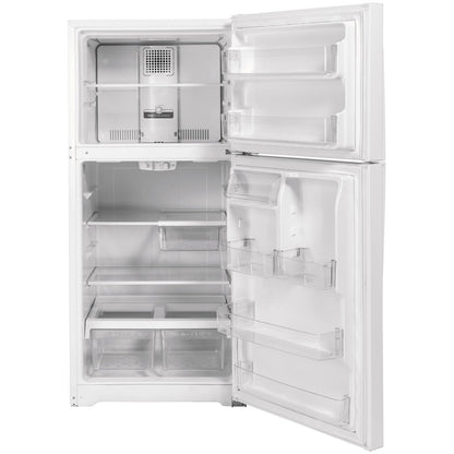 GE Appliances 33-inch white top freezer refrigerator with interior shelves and freezer compartment.