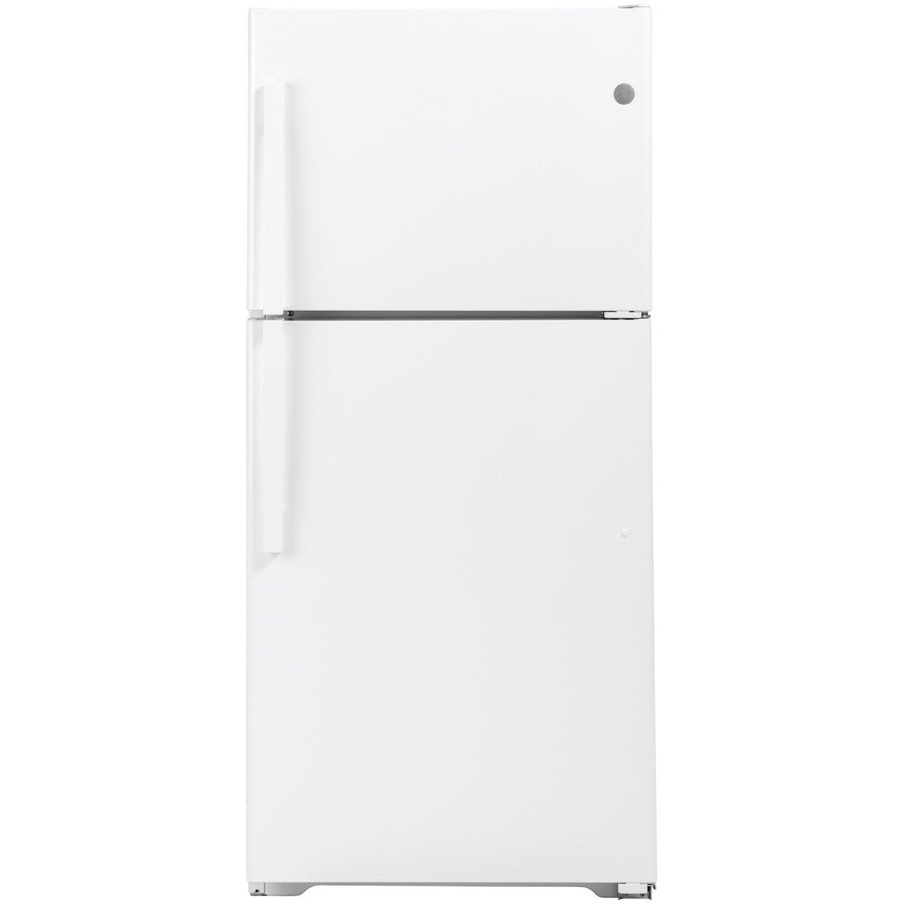 GE Appliances 33-inch white top-freezer refrigerator with smooth door design and adjustable shelves inside.