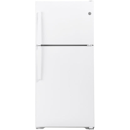 GE Appliances 33-inch white top-freezer refrigerator with smooth door design and adjustable shelves inside.