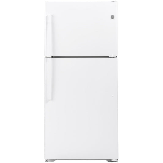 GE Appliances 33-inch white top-freezer refrigerator with smooth door design and adjustable shelves inside.