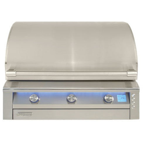 Alfresco AIPG-36 36-inch built-in gas grill with stainless steel construction and multiple burners for outdoor cooking.