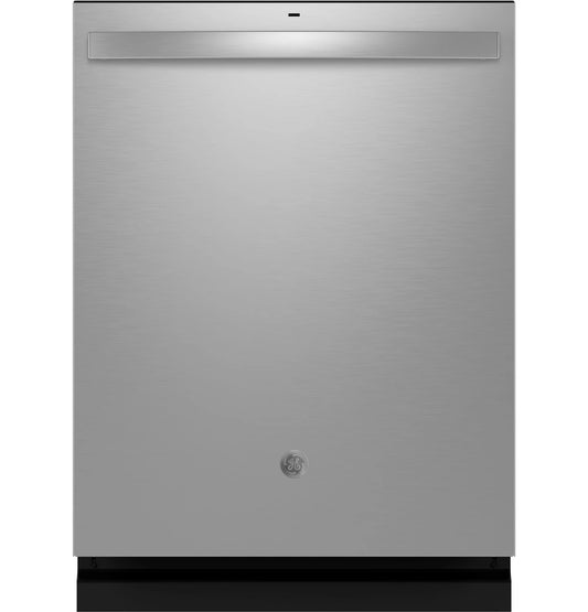 GE appliances 24-inch ENERGY STAR dishwasher with top control panel and stainless steel interior, showcasing clean and modern design.